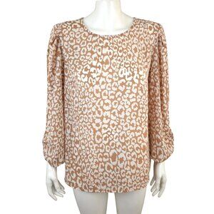 DKNY Tan White Animal Print Long Sleeve Pullover Blouse Tunic Womens L